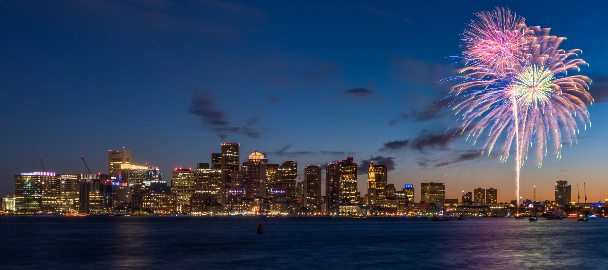 Boston Harborfest Fireworks light up the sky over the Boston Skyline. Taken from East Boston waterfront.
