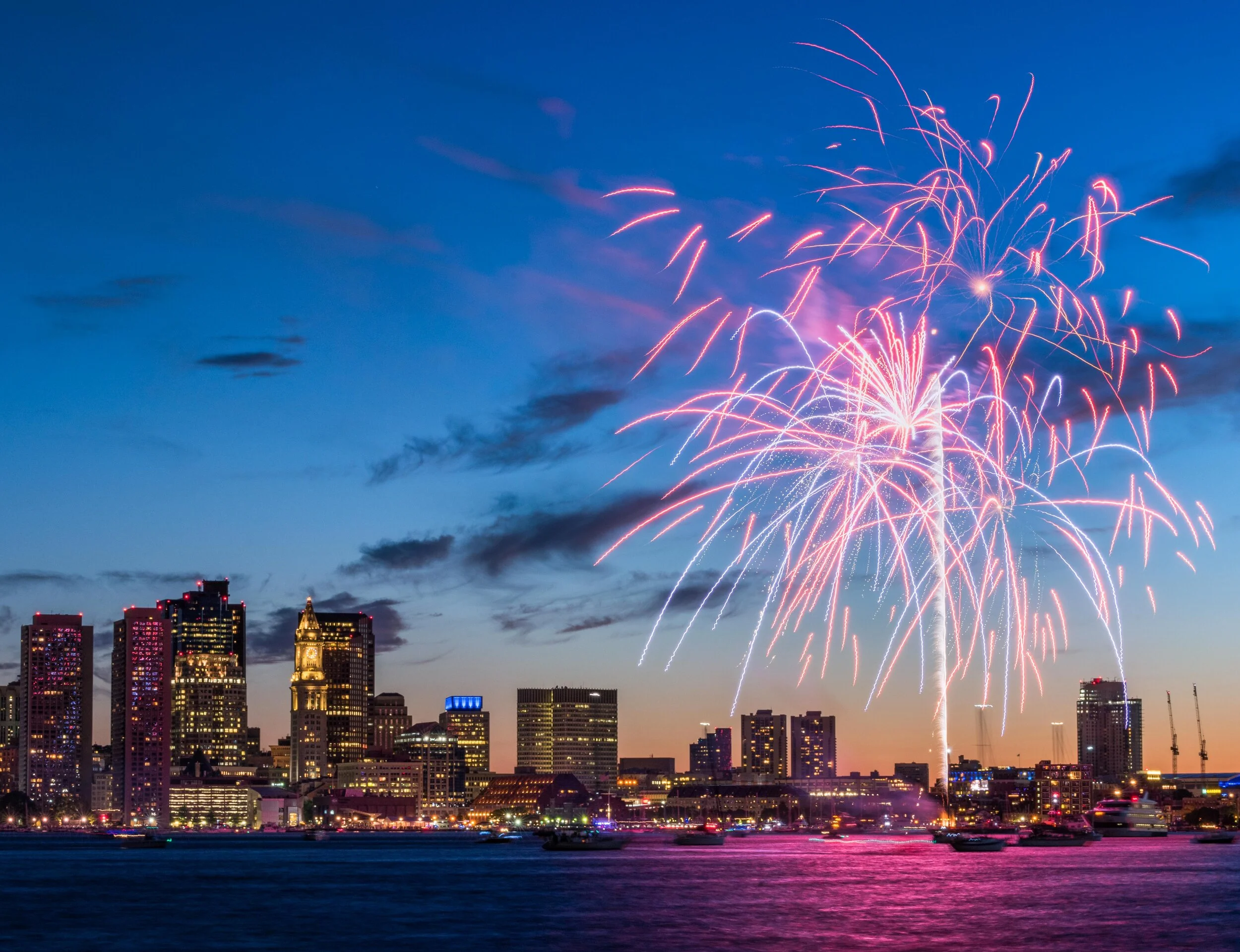 Boston Harborfest Fireworks seen over Boston’s skyline.