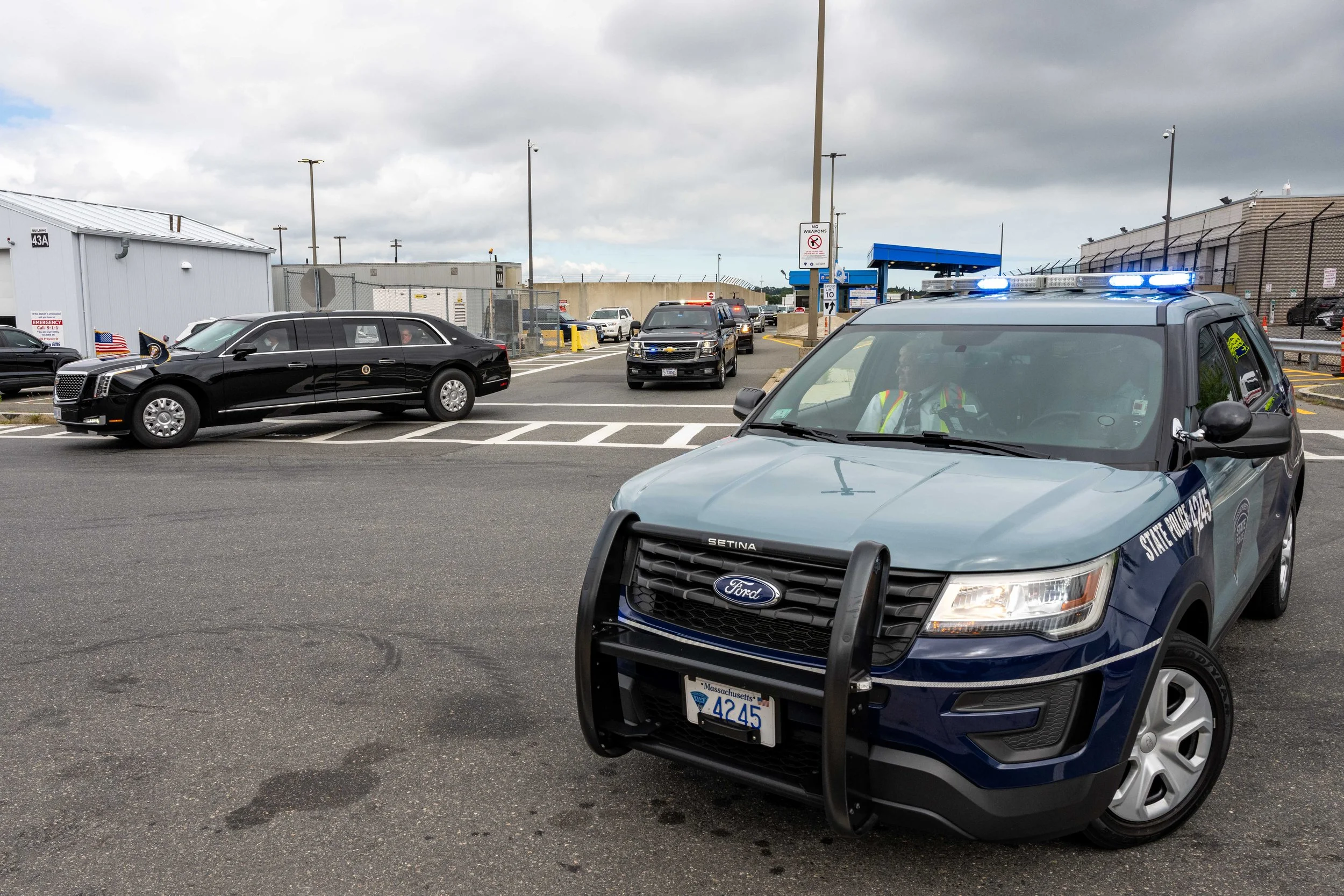 The "Beast" carrying President Biden leaving Logan Airport in Boston