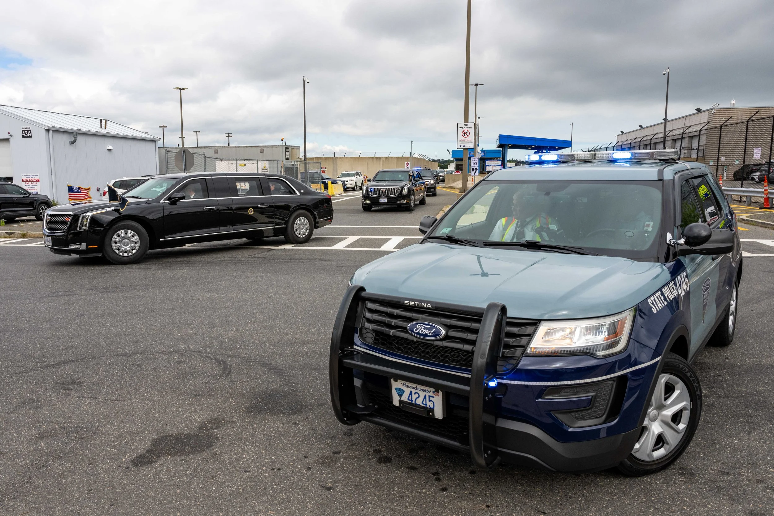 The "Beast" carrying President Biden leaves Logan Airport in Boston